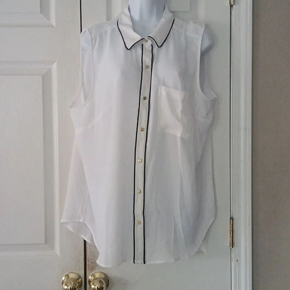 Liz Claiborne white black trim cap sleeve blouse business sophisticated Sz XL